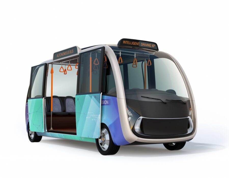 Autonomous shuttle bus with open doors. 