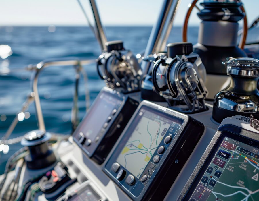 Système de navigation du bateau avec plusieurs écrans et commandes.