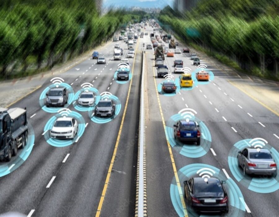 Connected autonomous vehicles on a busy highway. 