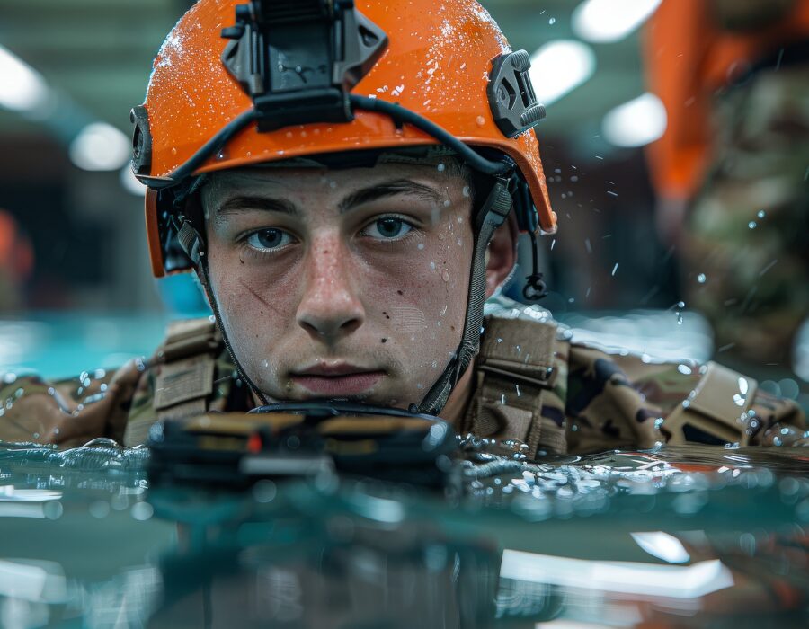 military soldier in water wearing an orange helmet.