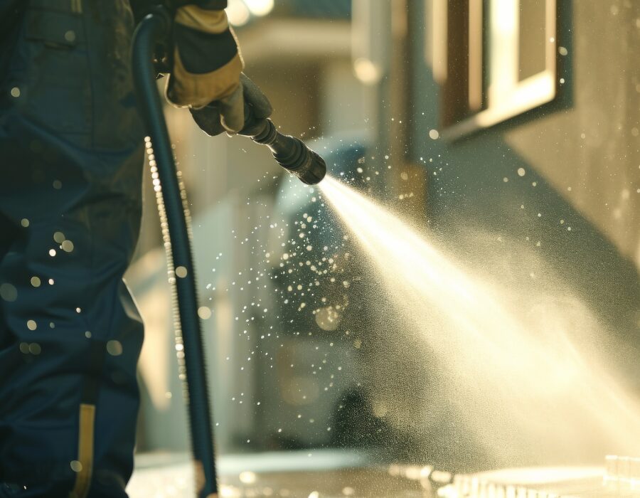 Person using a high-pressure water hose for cleaning.