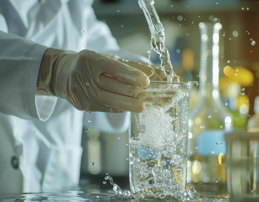 Scientist pouring liquid into a beaker in a lab.