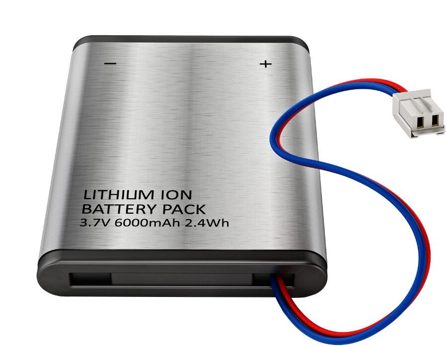 Lithium-ion battery pack with red and blue wires. 