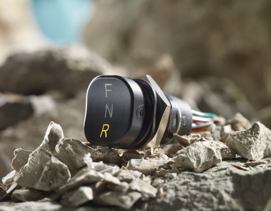 Photo of an APEM FNR switch on a rocky surface.