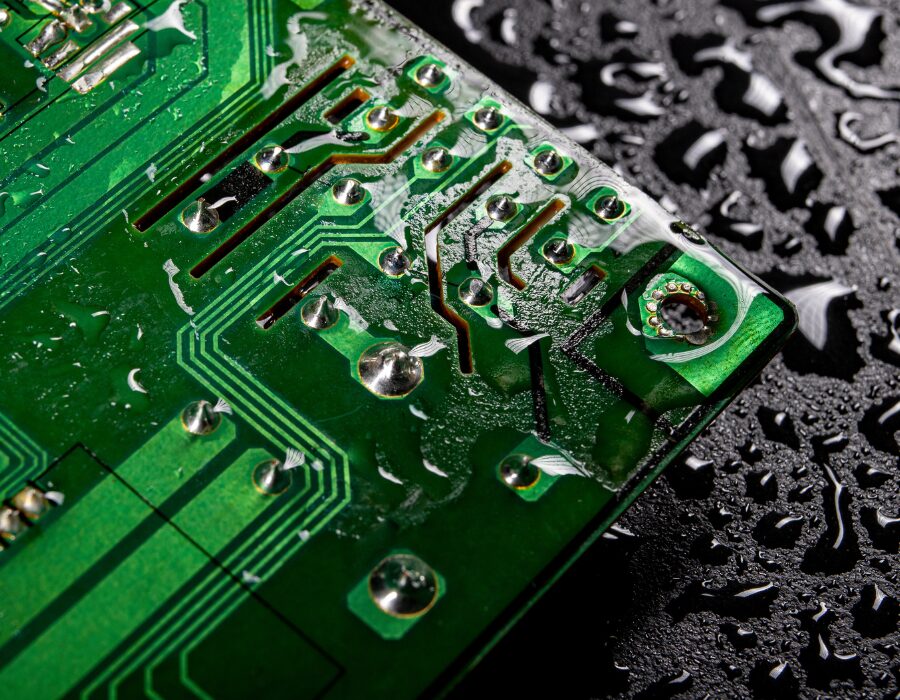 Close-up of a wet circuit board with water droplets.