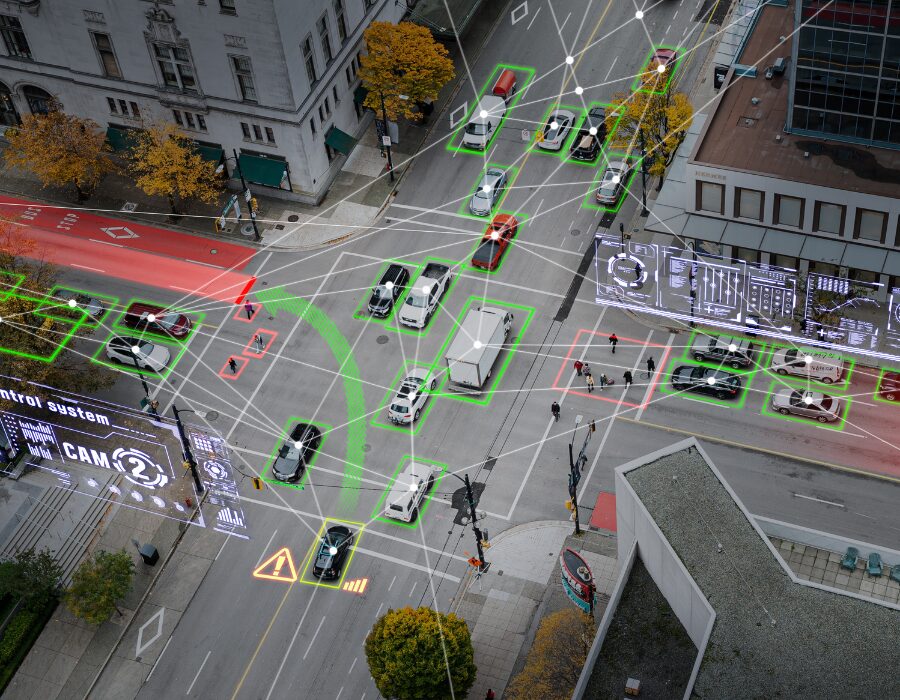 Intersection with autonomous vehicles and integrated traffic systems.