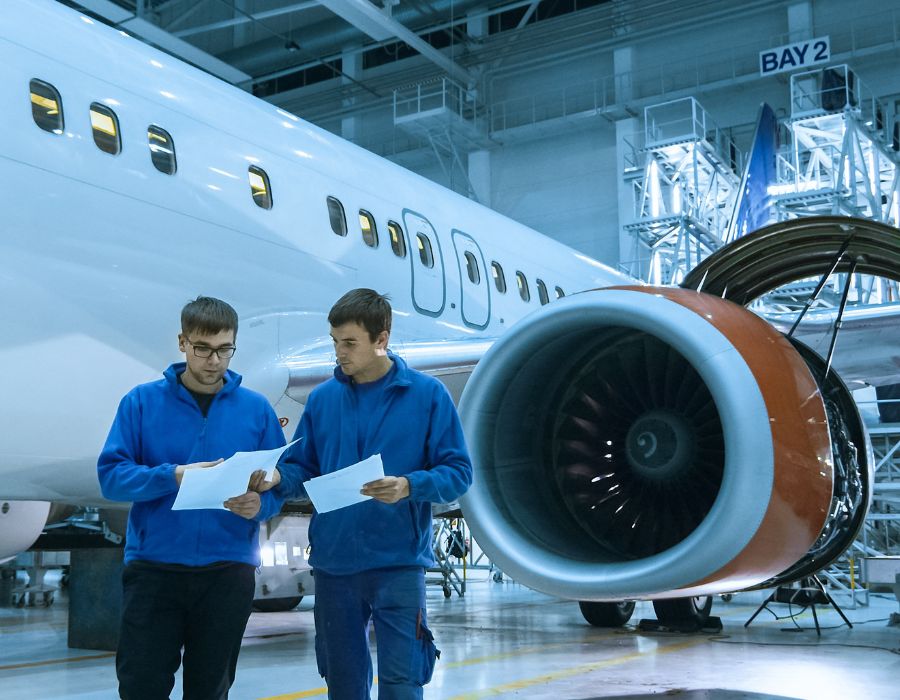 Ingénieurs inspectant un avion dans un hangar.