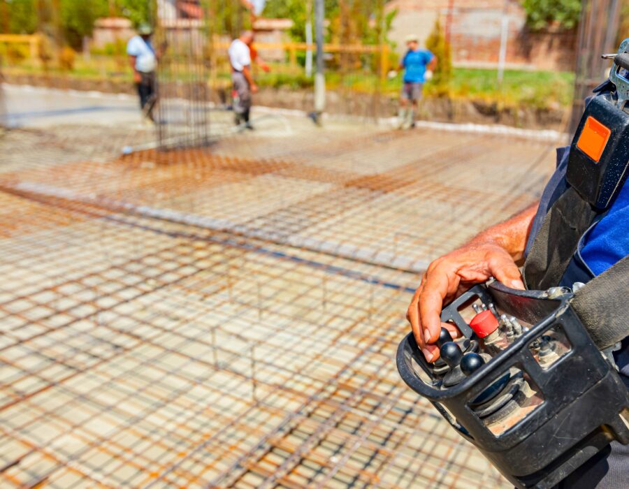 Construction worker using a belly box on site. 