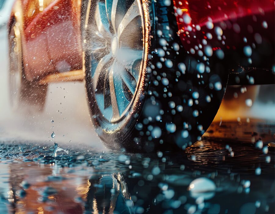 A car tire sprays water during a high-pressure wash.