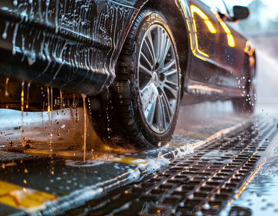 A car in an automated car wash with wate