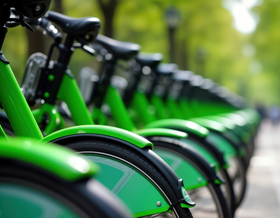 Green bikes at a bike-sharing station